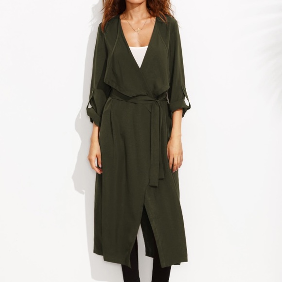 NWT Rolled Sleeve Split Back Self Tie Trench Coat - Picture 2 of 8